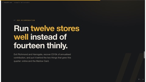 Deck slide: the recommendation as a single statement
