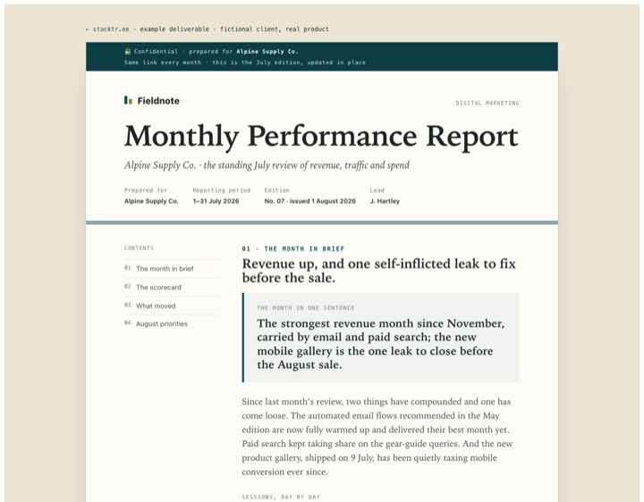 Monthly performance report example: Fieldnote document with annotated traffic chart