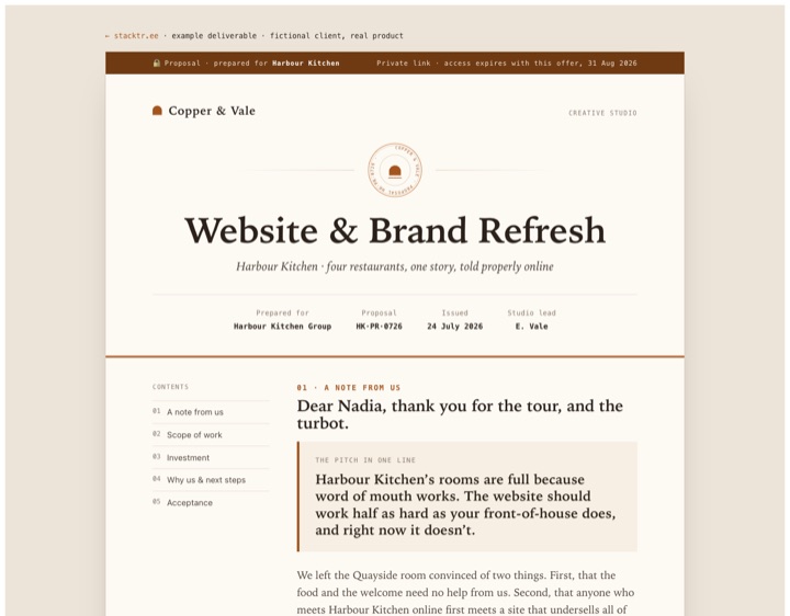Client proposal example: Copper and Vale document with phase timeline and investment table