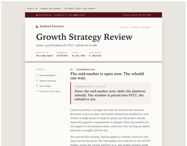 Growth strategy review example: Ashford document with three-horizons roadmap