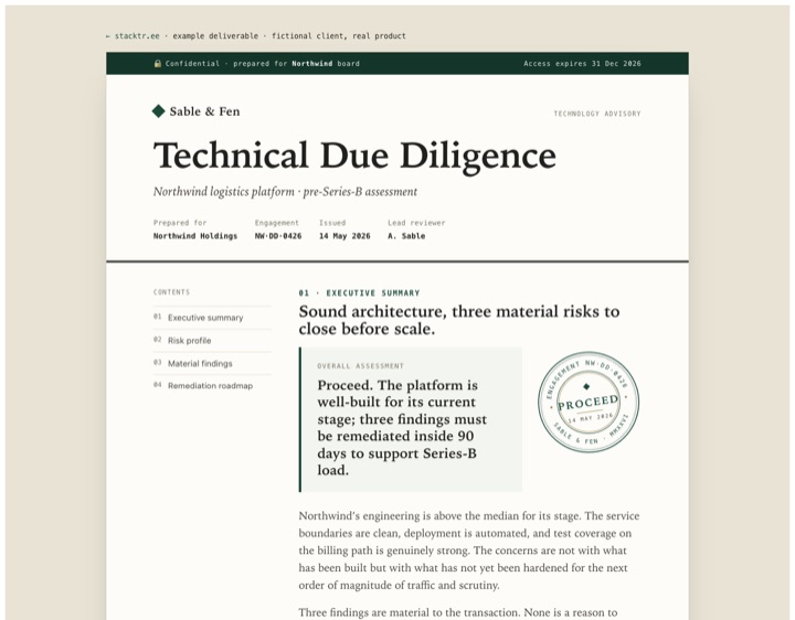 Technical due diligence example: Sable and Fen document with risk matrix and verdict seal