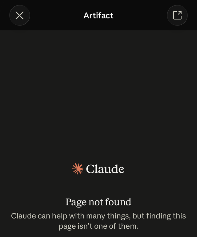 Claude's artifact viewer opened from Slack on a phone, showing the message: Page not found. Claude can help with many things, but finding this page isn't one of them.