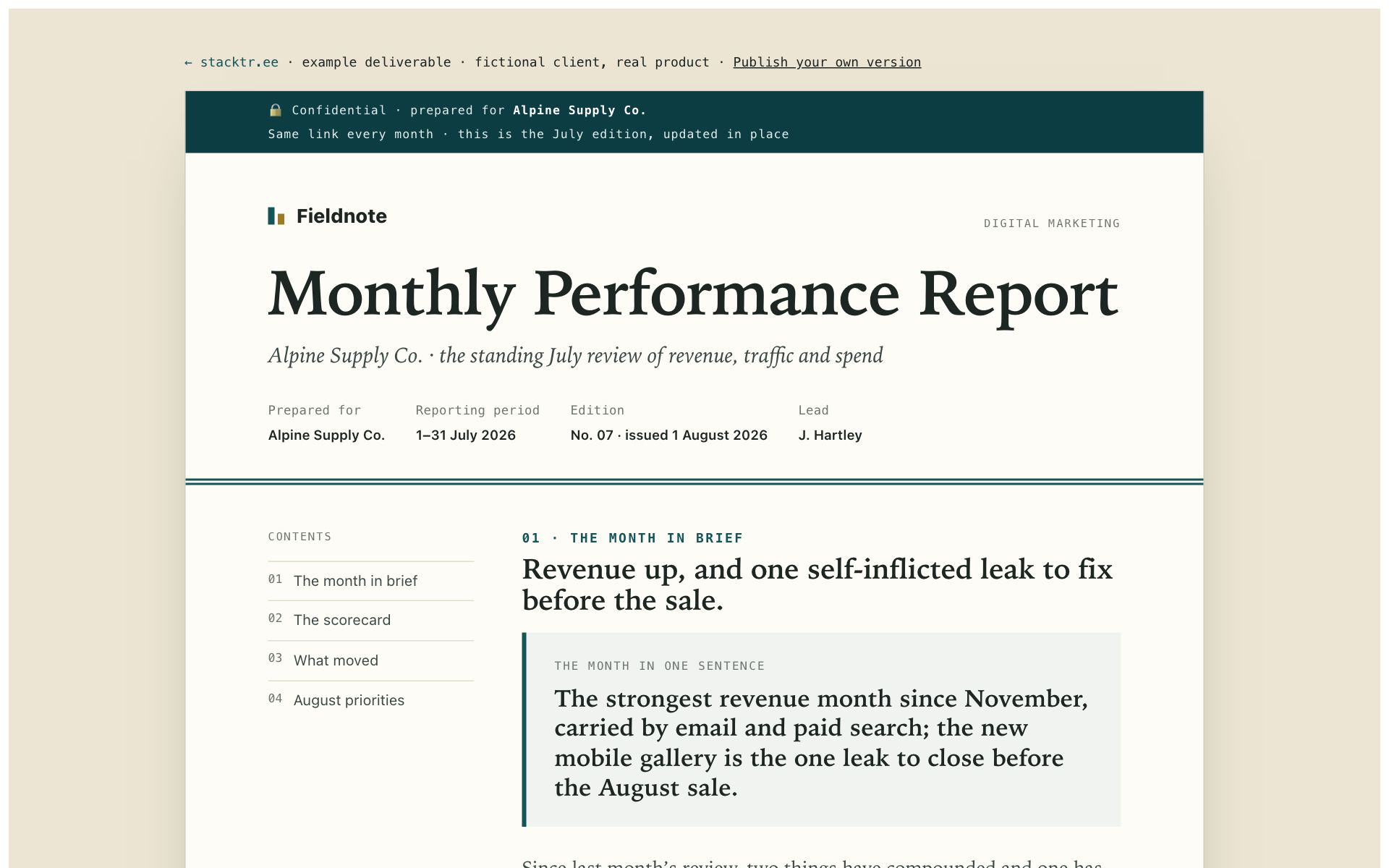 The example monthly performance report, as its reader sees it